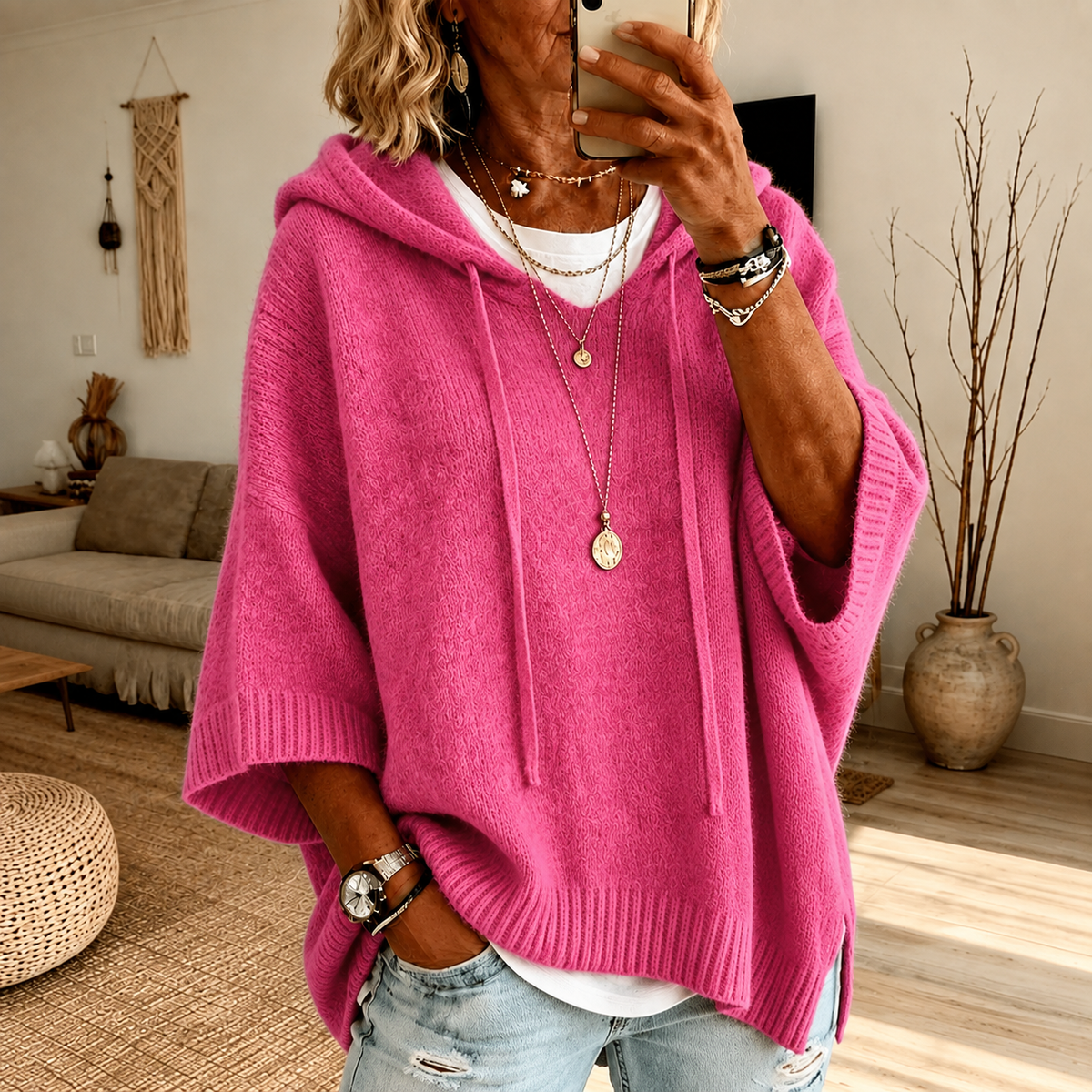 Chloé – Ponchopullover med hætte i rosa